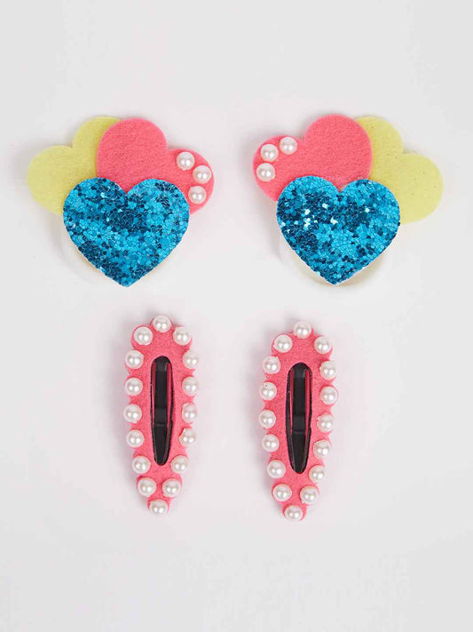 Combo:1 Pair tic-tac pins embellished with pearls and 1 Pair cute heart rubber bands -Multicolour