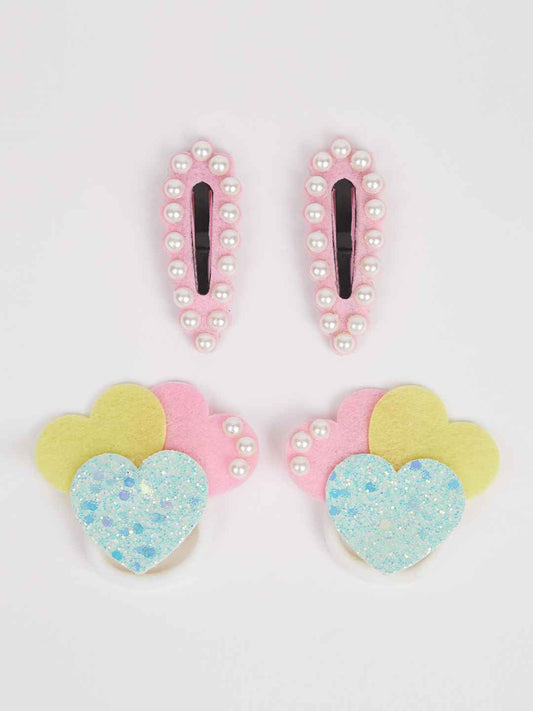 Combo:1 Pair tic-tac pins embellished with pearls and 1 Pair cute heart rubber bands - Yellow , light Blue