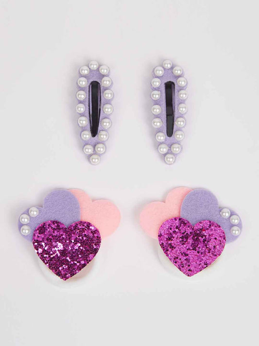 Combo:1 Pair tic-tac pins embellished with pearls and 1 Pair cute heart rubber bands - Purple, Pink