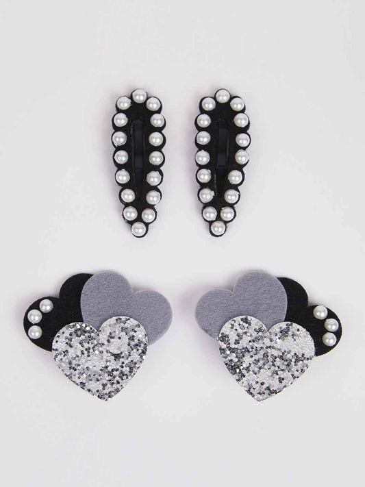 Combo:1 Pair tic-tac pins embellished with pearls and 1 Pair cute heart rubber bands -Grey, Black