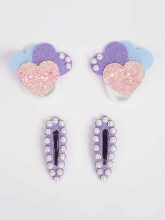 Combo:1 Pair tic-tac pins embellished with pearls and 1 Pair cute heart rubber bands -Light pink, Purple