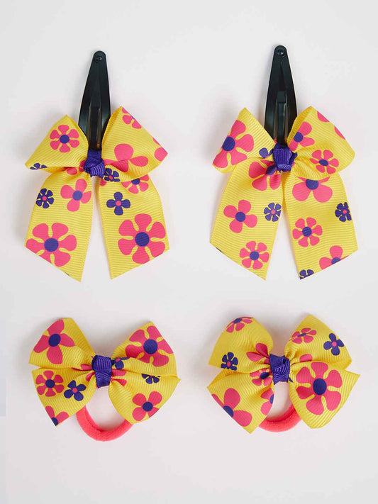 Combo:1 Pair printed bow tic-tac pins and 1 pair matching rubber bands-yellow, Purple