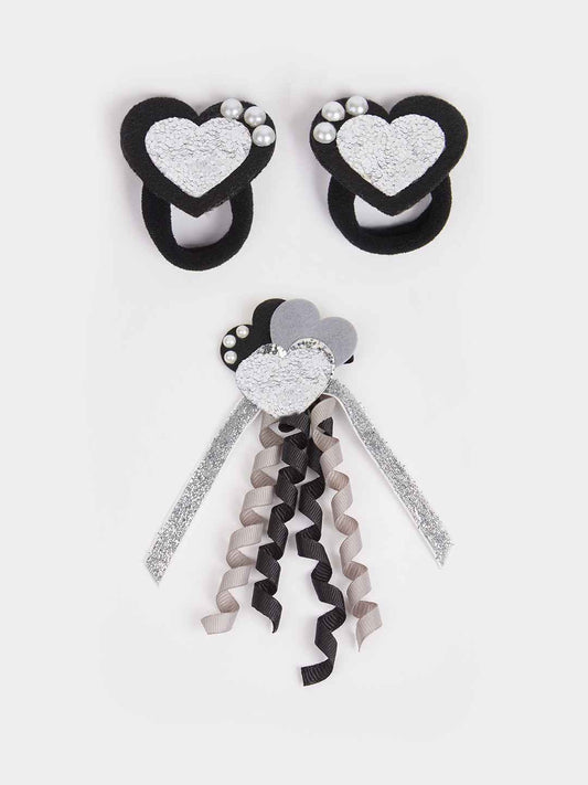 Combo: Cute heart with dangler and 1 pair matching rubber bands embellished with pearls- Silver, Black