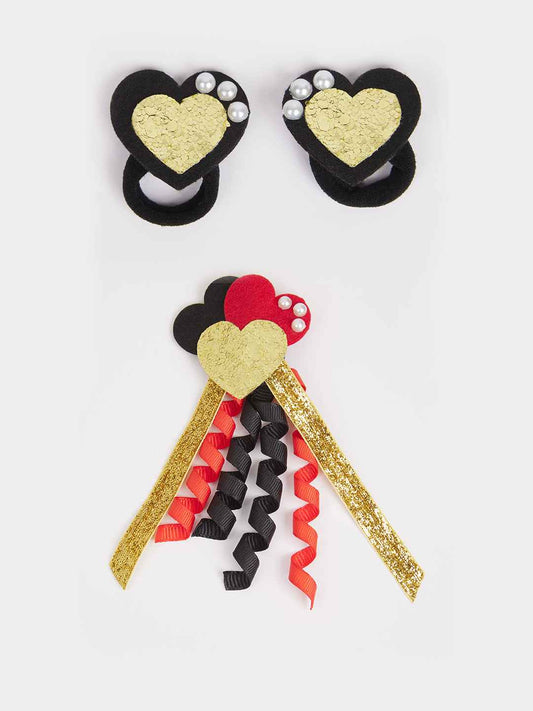 Combo: Cute heart with dangler and 1 pair matching rubber bands embellished with pearls- Golden, Black