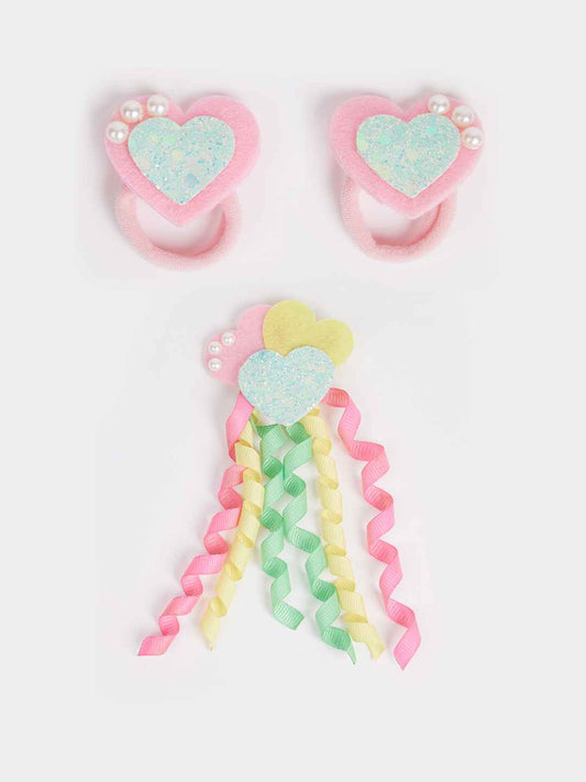 Combo: Cute heart with dangler and 1 pair matching rubber bands on embellished with pearls- Multi colors