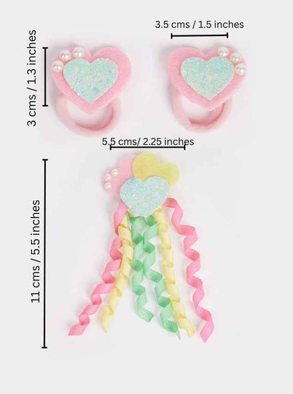 Combo: Cute heart with dangler and 1 pair matching rubber bands on embellished with pearls- Multi colors