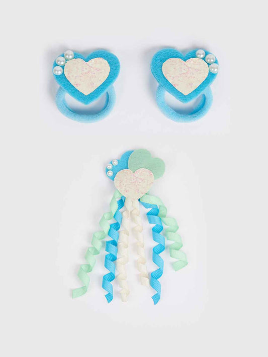 Combo: Cute heart with dangler and 1 pair matching rubber bands on embellished with pearls- Blue