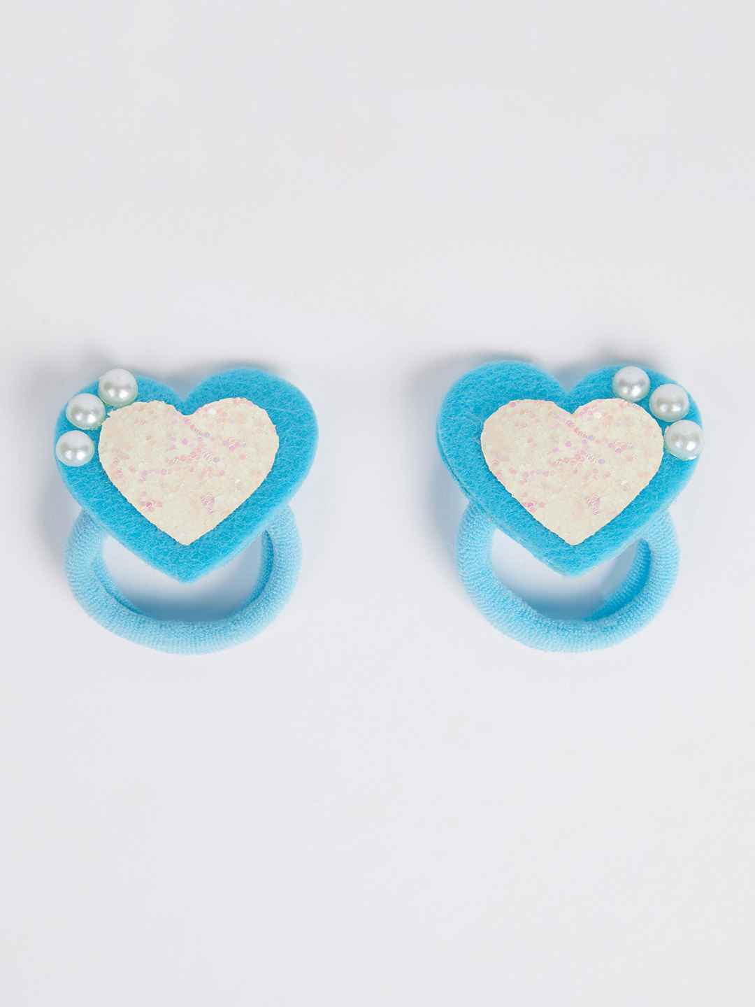 Combo: Cute heart with dangler and 1 pair matching rubber bands on embellished with pearls- Blue