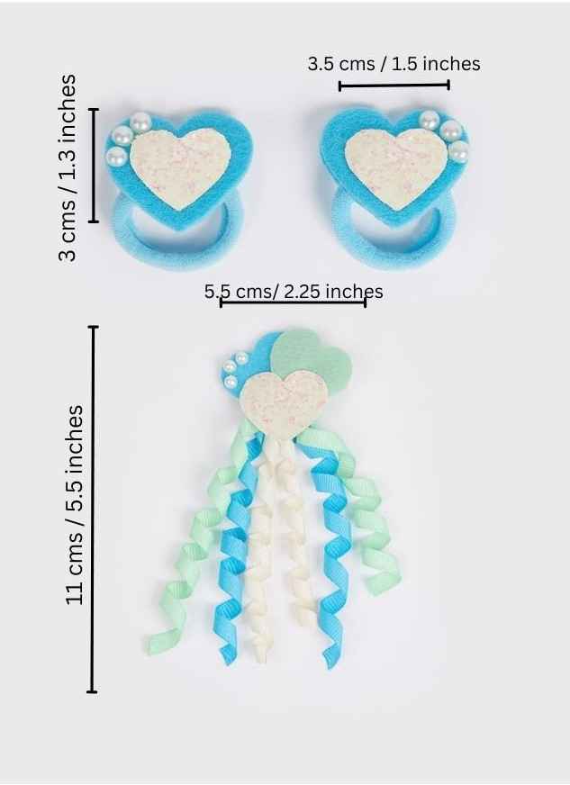 Combo: Cute heart with dangler and 1 pair matching rubber bands on embellished with pearls- Blue