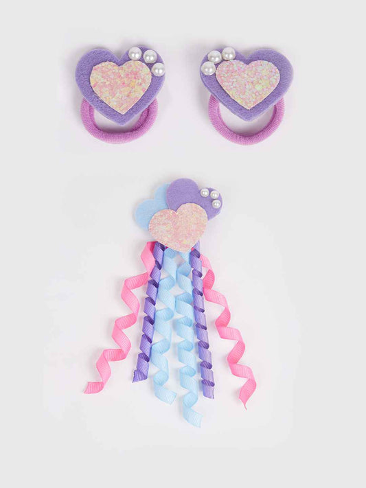 Combo: Cute heart with dangler and 1 pair matching rubber bands on embellished with pearls- Pink, Purple