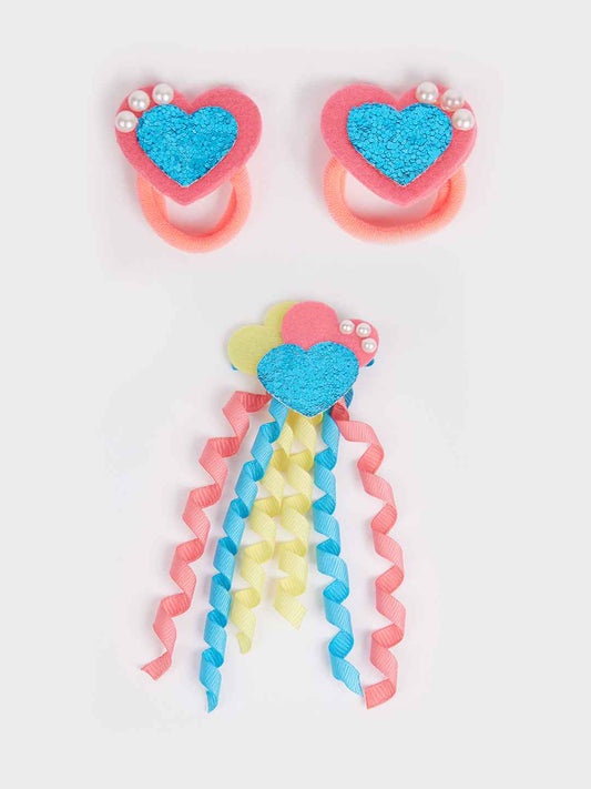 Combo: Cute heart with dangler and 1 pair matching rubber bands on embellished with pearls- Multicolors