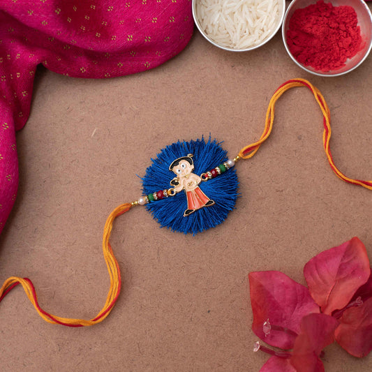 Handmade Chhota Bheem Rakhi with multicolour thread and pearl embellishments.- Blue, Yellow, Orange