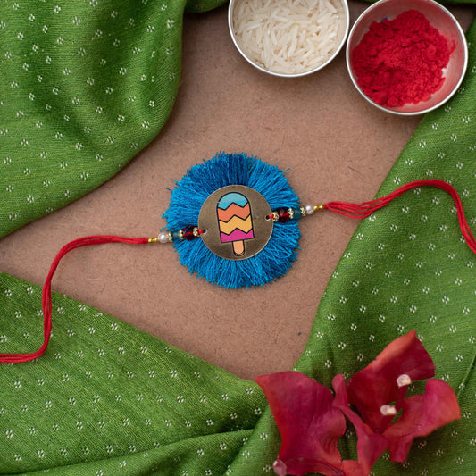 Handmade ice-cream Rakhi on a red thread- Blue, Red