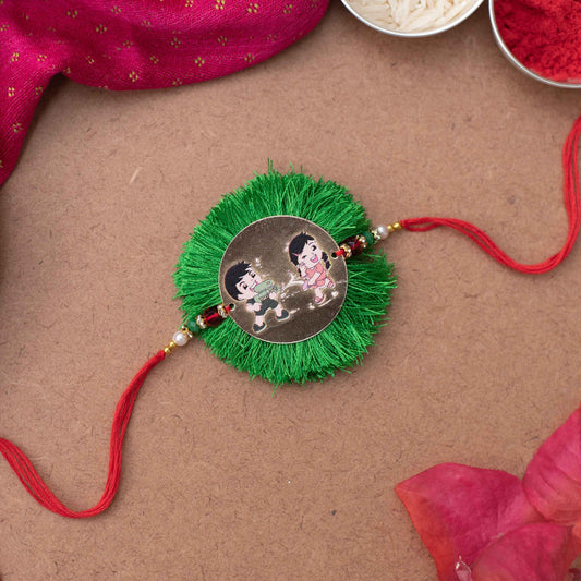 Handmade Rakhi with a cute Brother & Sister charm #3 - Green, Gold, Red