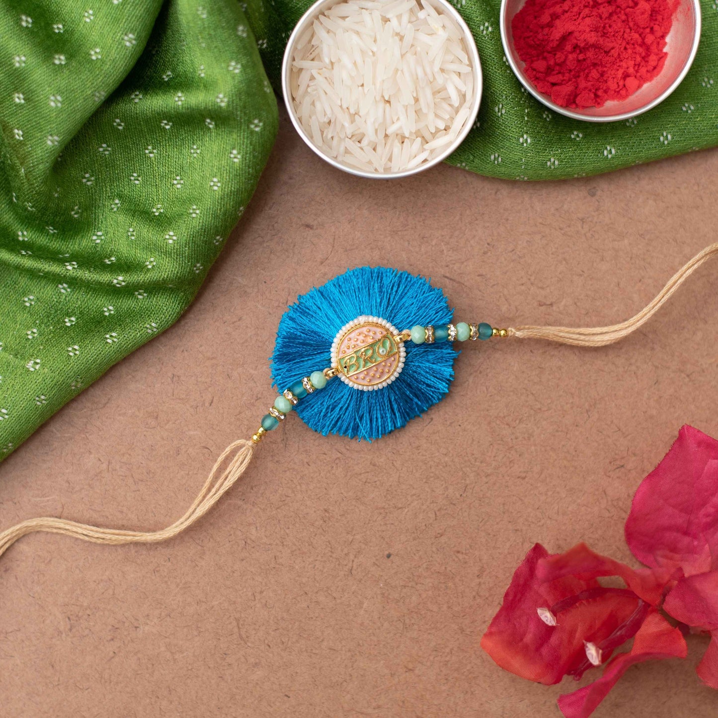 Handmade 'Bro' charm Rakhi - Blue, Beige