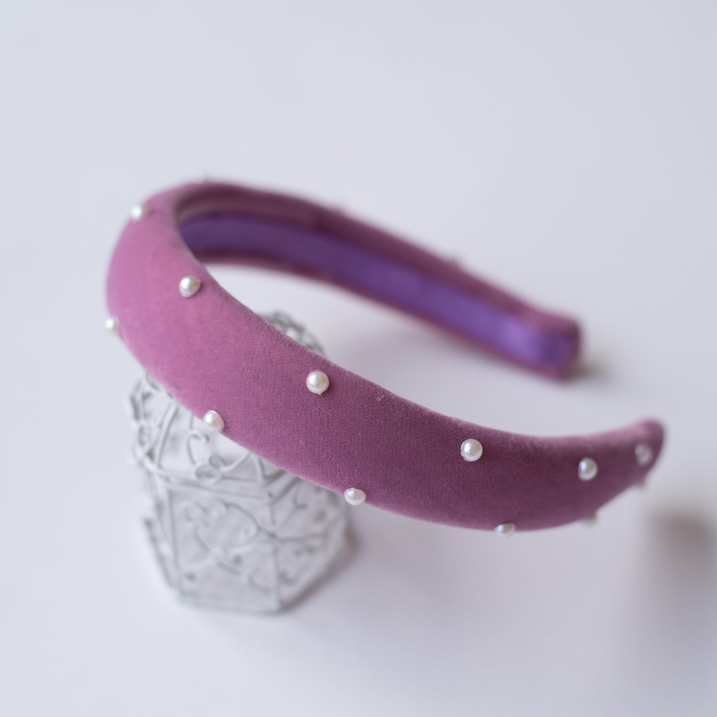 Soft velvet padded party hairband embellished with pearls - Purple