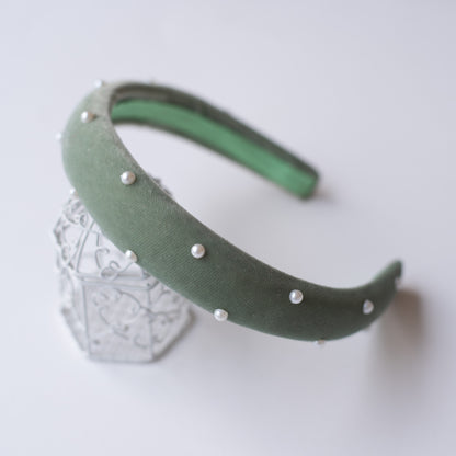 Soft velvet padded party hairband embellished with pearls - Olive Green