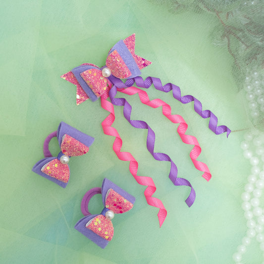 Combo: 1 Dangler Hair-pin and 2 Rubberbands with Fancy Shimmer Bow for Party -  Pink, Purple