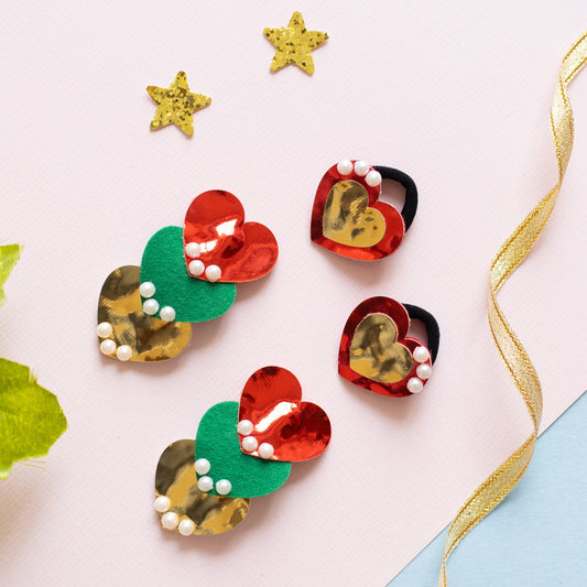 Christmas Combo : Cute mirror finish heart tic-tac pins embellished pearls with mathing rubber bands  - Red, Green, Golden