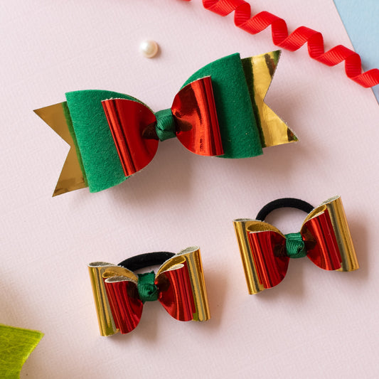 Christmas Combo : Set of 1 pair shimmer rubberbands and 1 glitter bow on barette clip. - Red, Green, Gold