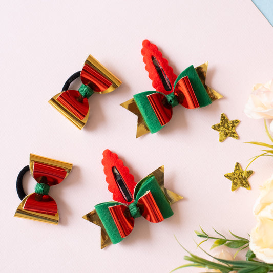 Christmas Combo : Set of 1 pair glitter rubberbands and 1 pair tic-tac pins with glitter bows - Red, Green, Gold