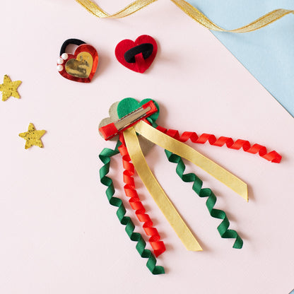 Christmas Combo: Cute heart dangler on alligator pin and 1 pair matching rubber bands embellished with pearls - Red, Green, Golden