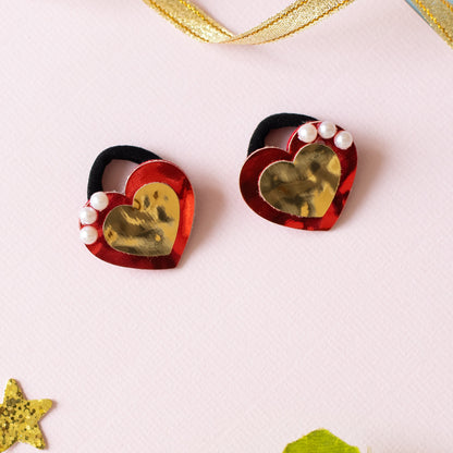 Christmas Combo: Cute heart dangler on alligator pin and 1 pair matching rubber bands embellished with pearls - Red, Green, Golden