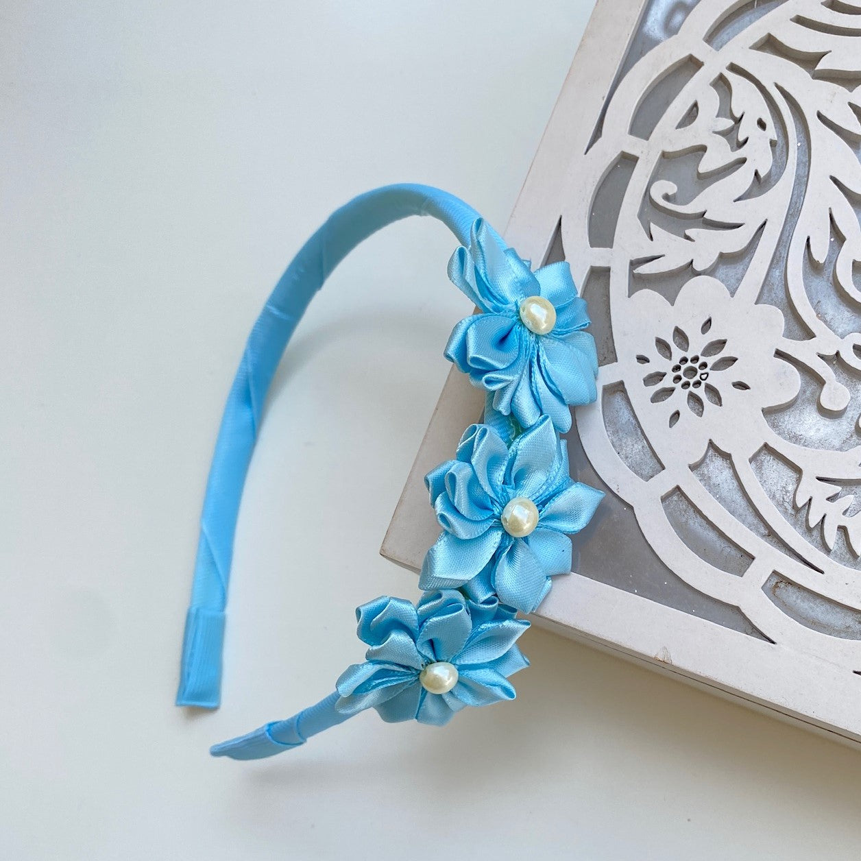 Triple Satin Flower Hairband with Pearl Detailing- Light Blue