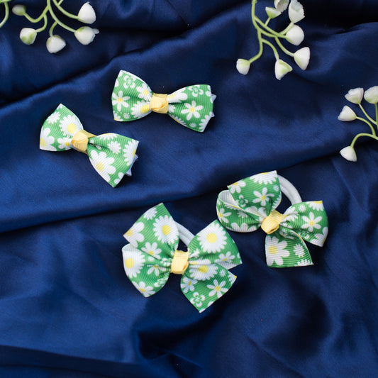 Combo: Floral printed bow on alligator clips and rubber bands - Green