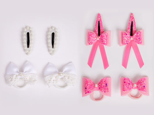 Combo:2 Pairs cute pearl embellished tic-tacs & 2 pairs dual bow rubber bands - Pink, White