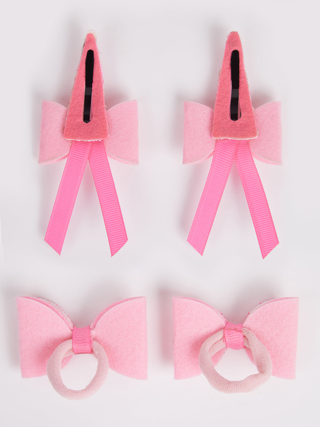 Combo:2 Pairs cute pearl embellished tic-tacs & 2 pairs dual bow rubber bands - Pink, White