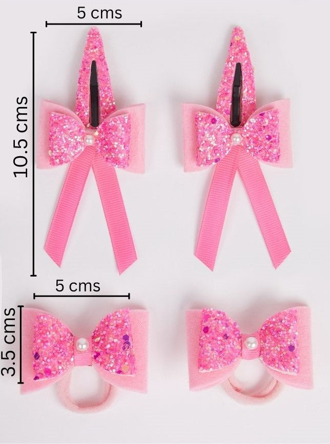 Combo:2 Pairs cute pearl embellished tic-tacs & 2 pairs dual bow rubber bands - Pink, White