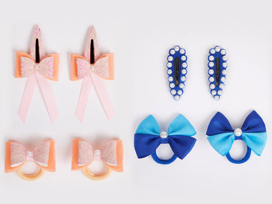 Combo:2 Pairs cute pearl embellished tic-tacs & 2 pairs dual bow rubber bands - Peach, Blue