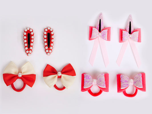 Combo:2 Pairs cute pearl embellished tic-tacs & 2 pairs dual bow rubber bands - Pink, Red