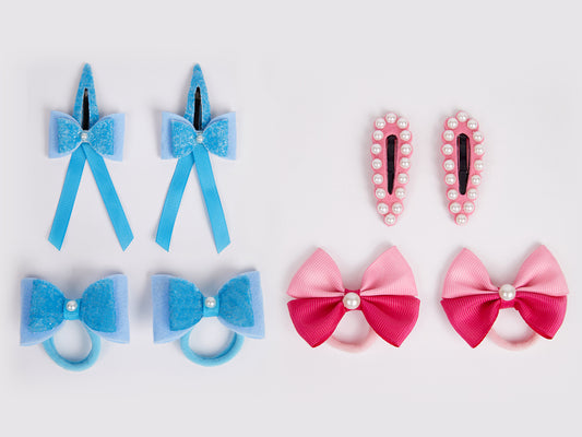 Combo:2 Pairs cute pearl embellished tic-tacs & 2 pairs dual bow rubber bands - Pink, Blue