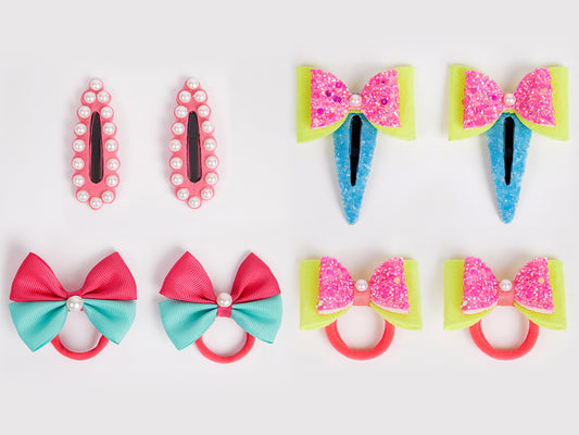 Combo:2 Pairs cute pearl embellished tic-tacs & 2 pairs dual bow rubber bands - Pink, Blue, Yellow