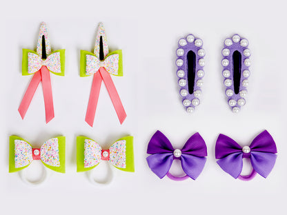 Combo:2 Pairs cute pearl embellished tic-tacs & 2 pairs dual bow rubber bands - Purple, Fluorescent Green