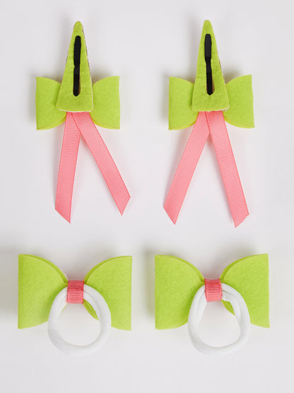 Combo:2 Pairs cute pearl embellished tic-tacs & 2 pairs dual bow rubber bands - Purple, Fluorescent Green