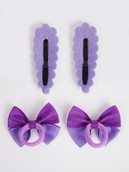 Combo:2 Pairs cute pearl embellished tic-tacs & 2 pairs dual bow rubber bands - Purple, Fluorescent Green