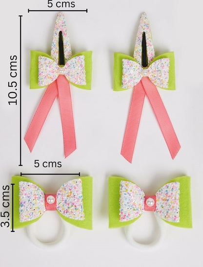 Combo:2 Pairs cute pearl embellished tic-tacs & 2 pairs dual bow rubber bands - Purple, Fluorescent Green