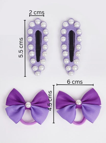 Combo:2 Pairs cute pearl embellished tic-tacs & 2 pairs dual bow rubber bands - Purple, Fluorescent Green