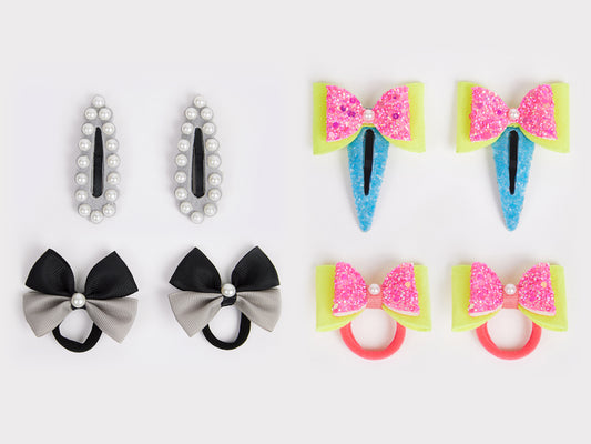 Combo:2 Pairs cute pearl embellished tic-tacs & 2 pairs dual bow rubber bands - Blue, Grey, Fluorescent Pink, Yellow