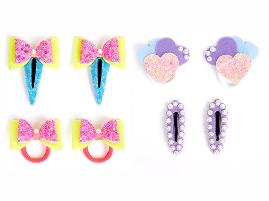 Combo: 2 Pair cute tic-tacs and 2 pair matching rubberbands - Purple, Fluorescent Pink, Yellow