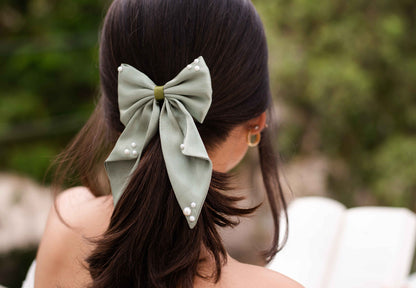 Big fancy satin bow on alligator clip embellished with pearls - Olive Green