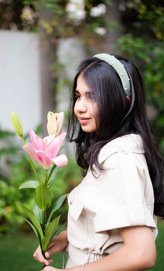 Soft velvet padded party hairband embellished with pearls - Olive Green