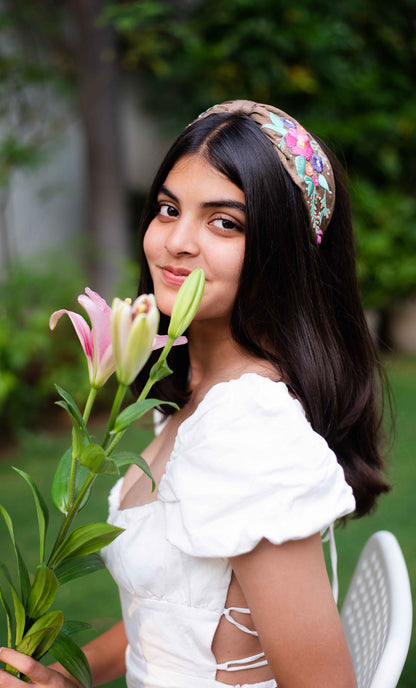 Multicolour thread embroidered Floral Motif Hairband with Pearl Detailing- Brown