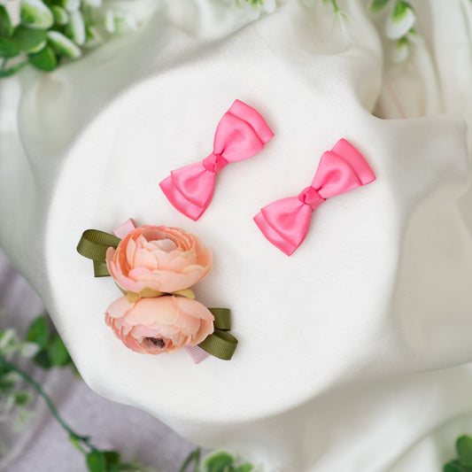 Decorative flower ornamented on alligator clip along with shiny satin double bow alligator clips - Peach and Pink