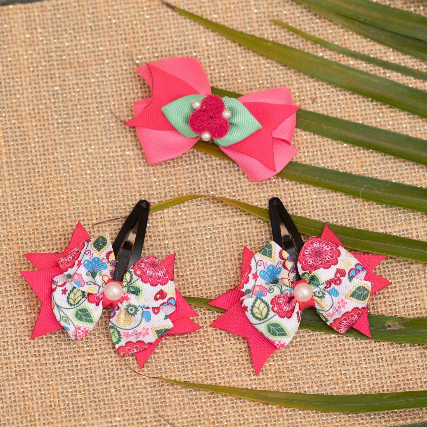 Combo: Fancy bow with felt roses and pearls on alligator clip along with flower print bow on tic-tac pins - Pink and Green