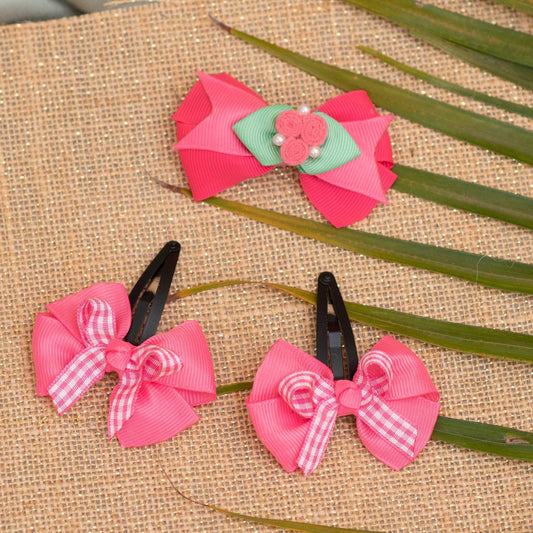 Combo: Fancy bow with felt roses and pearls on alligator clip and dual bow on tic-tac pins - Pink