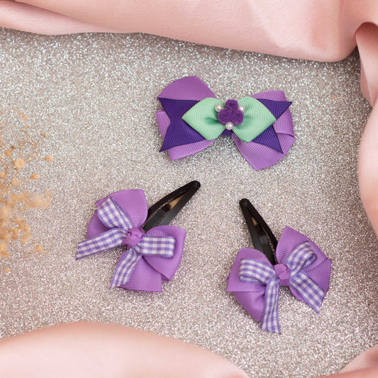 Combo: Fancy bow with felt roses and pearls on alligator clip and dual bow on tic-tac pins - Purple